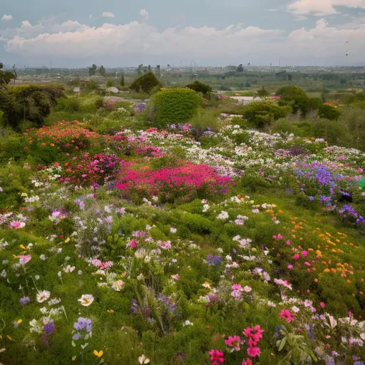 Prompt: The wide field with flowers creeping up on it is beautiful like a flower garden