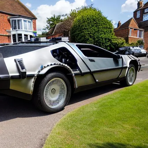 Prompt: back to the future car delorean hovering over a residential street in Southampton, England. people looking up at the car in awe.

