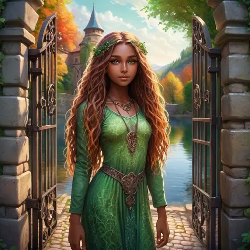 Prompt: Beautiful, brown-skin girl with green eyes and long colorful hair, standing in front of a large iron gate, cobblestone ground, 3 steps leading down to a glistening lake, cascading trees, highres, detailed, vibrant colors, realistic, textured, fantasy, ethereal lighting