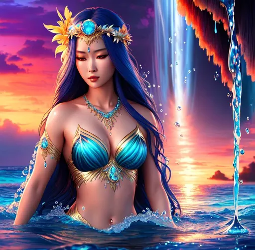 Prompt: Tropical Epic Beautiful Aquatic (Beautiful melancholy {goddess}female liquid satin}), hyper realistic, expansive oceanic background, hyper realistic, 8K --s99500