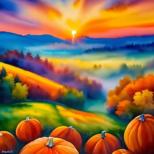 Prompt: (masterpiece, best quality:1.2), A watercolor painting/oil painting. Beautiful space, wildly exaggerated vivid colors, A spooky pumpkin in a pumpkin patch during a golden sunrise over a green field on a misty morning. (sharp detailed) (cinematic shot)