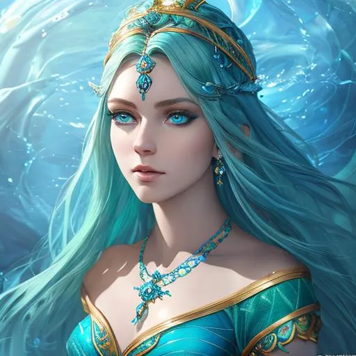 Prompt: portrait of goddess of water, wearing blue and green dress, oil painting, aquatic elemental, sanctum, straight blue hair, blessed, shiny blue eyes, detailed lips, mesmerizing, gorgeous, stunning, highly detailed concept art, high resolution scan, hd octane render, intricate detailed, highly detailed face, unreal engine, trending on artstation, UHD, 8k, Very detailed