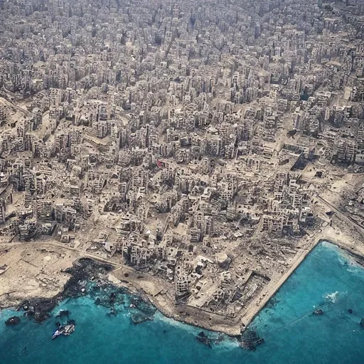 Prompt: destroyed buildings near Port of Beirut, Bird's-eye view