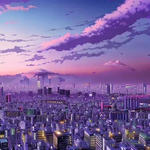 A hyper realistic Tokyo style city with purple skies