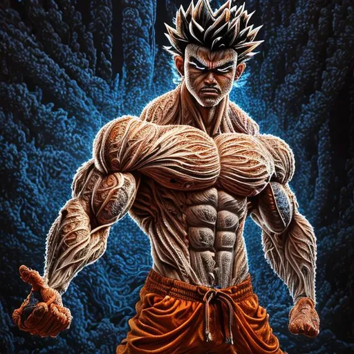 Prompt: hyperealistic 64K masterpiece intricate hyperdetailed breathtaking 3D glowing black oil painting medium portrait of son goku, orange trousers, intricate hyperdetailed muscular body, intricate hyperdetailed muscles, glowing white light reflection on the muscles, hyperdetailed intricate hard standing glowing hair, hyperdetailed glowing angry white eyes, detailed face, white glowing muscles, tan glowing body, tan glowing skin, semi-polaroid monochrome photography, hyperdetailed complex, character concept, hyperdetailed intricate glowing shining glamorous colored water drop floating in the air, very angry, intricate glowing light reflection, intricate hyperdetailed glowing iridescent reflection, strong glowing colored light on the hair, contrast colored head light, hyperdetailed very strong colored shadowing very strong colored muscle shadow, professional award-winning photography, maximalist photo illustration 64k, resolution High Res intricately detailed, impressionist painting, yellow color splash, illustration, key visual, panoramic, cinematic, masterfully crafted, 8k resolution, stunning, ultra detailed, expressive, hypermaximalist, UHD, HDR, UHD render, 3D render, 64K, hyperdetailed intricate watercolor mix oil painting on the body, Toriyama Akira destroyed backround, ripped clothing, human like