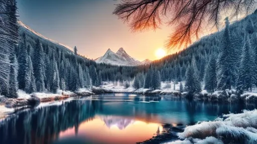 Prompt: realistic image of nature with trees, water, mountains, sunset, winter