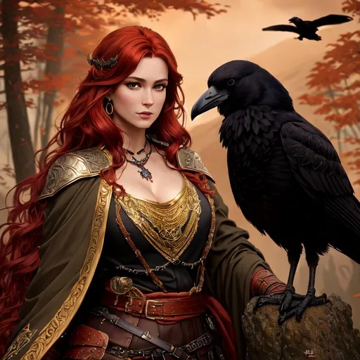 Prompt: Oil painting, Chiaroscuro, landscape, UHD, 8K, highly detailed, panned out view of the character, visible full body, a hyperdetailed Vikings tall girl, crow on shoulder, hyperdetailed large red hair, masterpiece, hyperdetailed full body, hyperdetailed feminine attractive face and nose, complete body view, ((hyperdetailed eyes)), perfect body, perfect anatomy, beautifully detailed face, alluring smile, ((scantily clad)), golden scales. She wears a black Nordic chest with gold and silver filigree and some runes, and silver lace stockings with gold fishnet. Underneath she wears a whit robe covered in runes (She is looking through a window of a high tower in an elven kingdom). 