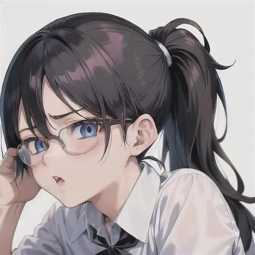 Prompt: Shota, 90s anime style, detailed, intricate face, detailed eyes, gentle tones, 90s tones, shoto, 1boy, (boy with feminine feature's), blue eyes, unbuttoned white shirt, black business pants, ponytail, black hair, glasses, worried face, office background 