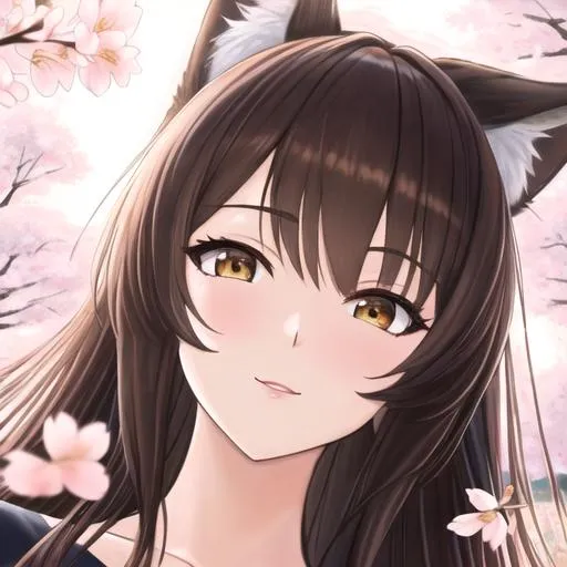 Prompt: oil painting, UHD, hd , 8k,  anime, hyper realism, Very detailed, zoomed out view, clear visible face, full body in view, clear visible face, fox girl character with long dark brown hair, wears a white tshirt with black pants, cherry blossom trees behind
