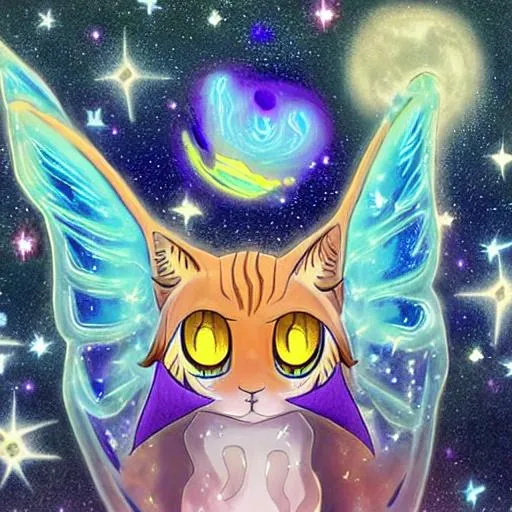 Prompt:  anime large, bulky galaxy tabby with ambient god rays flowing from sides & violet wings portrayed from stars, giant eyes colored dark blue