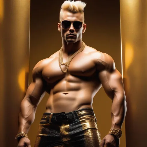 Prompt: A scantily clad muscular man, with sunglasses, gold arms, blond mohawk, 