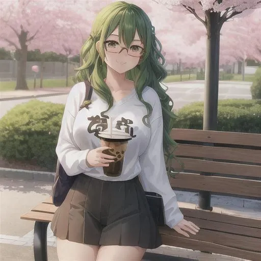 Prompt: Cute girl, green hair, wavy hair, black glasses, Boba tea(drink(straight lines)), casual outfit, standing, girlfriend, infront of bench, cherry blossom tree, cherry blossoms in wind, sweaty, sweatshirt, best quality, high quality, 8k, alone, park, purse on hip, slight smile, no teeth