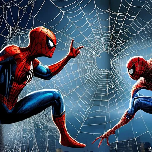 Prompt: Spider man and spider woman fighting in spce together with shining webs 

