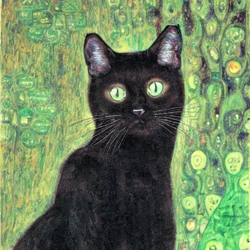 Prompt: Black cat with green eyes klimt