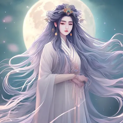 Prompt: A beautiful and ethereal moon goddess with long hair depicted In traditional korean attire standing in the flowing wind behind the full moon in the artstyle of digital art and anime