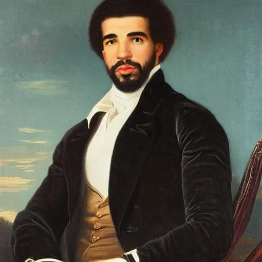 Prompt: Full portrait of grainy, 1800s, oil painting of Drake in a blue sweater