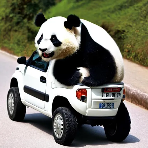 Prompt: panda the black and white animal sitting in Fiat Panda cabrio
