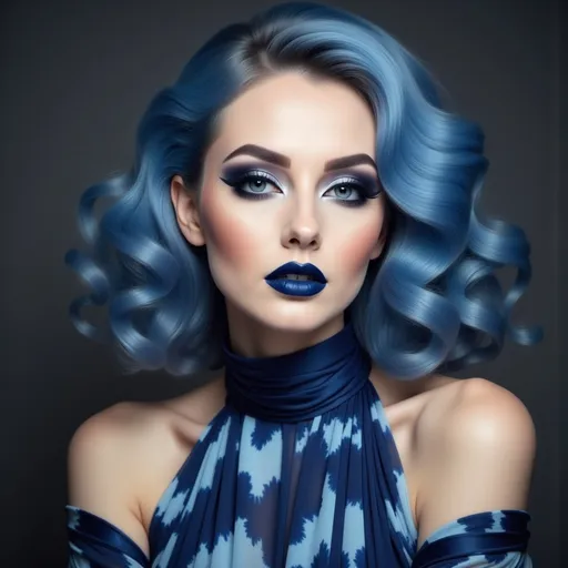 Prompt: a woman with blue hair and blue makeup is posing for a picture, art deco, blue, a photorealistic painting