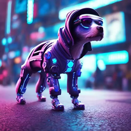 Prompt: a futuristic dog standing and wearing a cyberpunk hoody 
