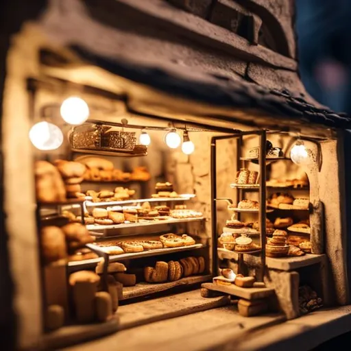 Prompt: Tiny wooden bakery, tiny people, stone oven, busy customers at night, 