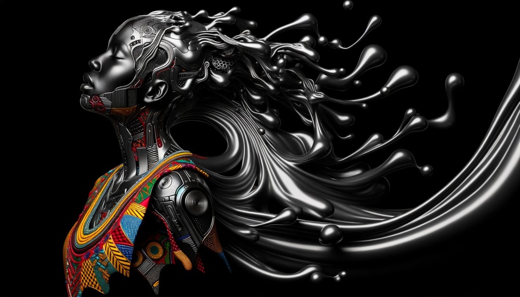 Prompt: A vivid photorealistic representation of a woman, emerging from a black void, her form reminiscent of flowing liquid metal, blending robotic elements with African-inspired designs, accentuated by intricate costumes, expressing a sculptural elegance in wide ratio.