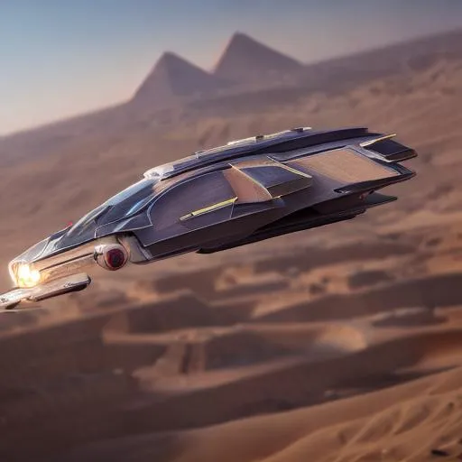 Prompt: A hover car flying over egyptian pyramids.Its 3,000 feet in the air. The car is futuristic, slick, realistic and has a spoiler. It has all the things a regular sports car has.