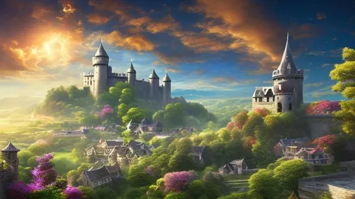 Prompt: Grand fantasy landscape, bright sky, castle, village