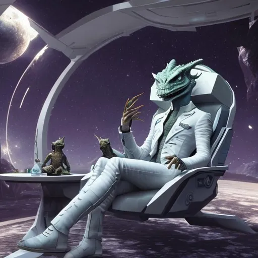 Prompt: argonian wearing a white suit sitting in futuristic chair with legs crossed sipping a drink, sci-fi art, 8k
