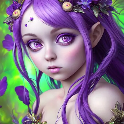 Prompt: Beautiful fairy goddess, large eyes ,hyper realistic, the face, purple
background