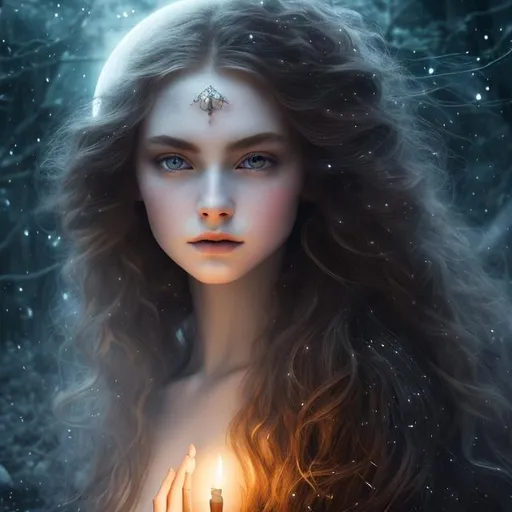 Prompt: Detailed and mystical portrait of a young beautiful witch with ivory clear skin, long flaming red hair and deep  eyes.  Perfect female anatomy and gorgeous, night light, moonlight, vivid,dramatic, magical, fantasy, 8k, high detailed, dramatic light