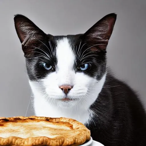 Prompt: Hyper realistic close up, black and white cat, baking pie, kitchen, studio lighting, realistic dog, light background 