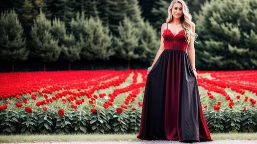 Prompt: {{{Best quality}}}, {{{hyper realistic}}}, {{{Hyper detailed}}}, woman, lady, girl, female, beautiful, long dirty blond hair, blood red eyes, long midnight black dress, blood red roses at bottom, blood red roses dress design, blood red roses, amazing, {{{filmic}}}