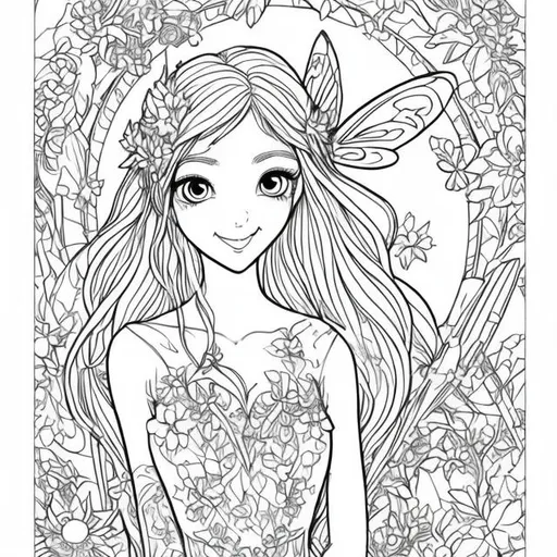 Prompt: coloring page, Bring a fairy to life with radiant eyes enjoying a sunny day in the garden, with every detail ready to be colored, black lines white background--ar17:22