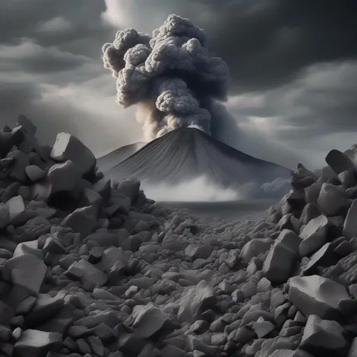 Prompt: Fever Time, ash falling like snow, bursts of volcanic grey rocks and ash, vicious volcanic grey clouds, masterpiece, best quality, in modern art style