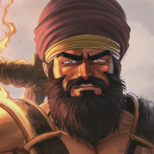 Prompt: Bearded Khalsa Warrior with red eyes, close up, anime, dragon ball z, hyperrealism, brown skin