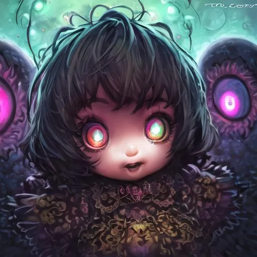 Prompt: baby, cute, HD, colorful, digital portrait, dynamic lighting, intricate, huge eyes, big eye, weirdcore, led