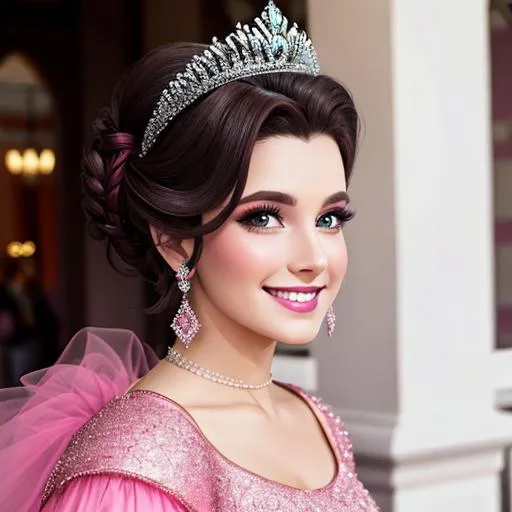 Prompt:  princess wearing pink, dark  hair in an updo, wearing a tiara, pretty makeup, radiant smile, facial closeup