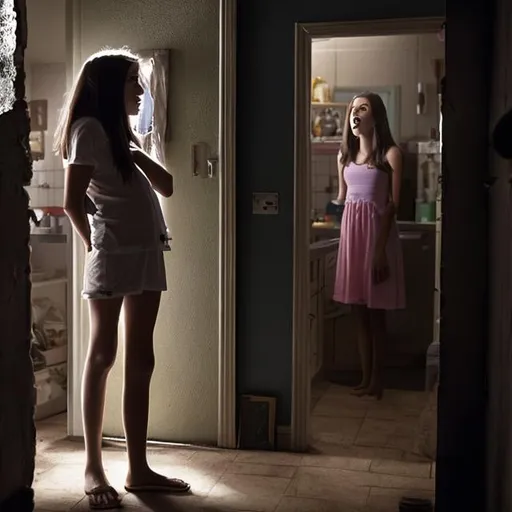 Prompt: teenage girl crying as she argues with her mother in the kitchen. behind her mother is a doorway that leads to a dark room where the ghost of a teenage girl identical to the daughter watches from the shadows.