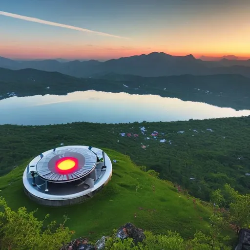 Prompt: Helipad on a top of a mountain overlooking a lake and green mountains at the time of sunset