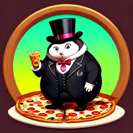 Prompt: fat round opossum wearing (((top hat and monocle))), fluffy, art style of sam yang and james jean! cute (((neon))) surrealism, pizza