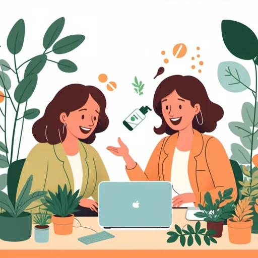 Prompt: Two women speaking happily over computer screen, with phytotherapy items around them. Cartoon style.