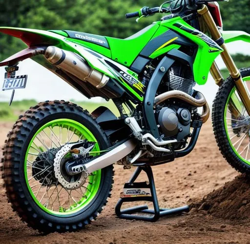 Prompt: Motor bike, dirt bike, green in color, hyperrealism , beautiful photography, highly detailed, hd, 4k, 8k
