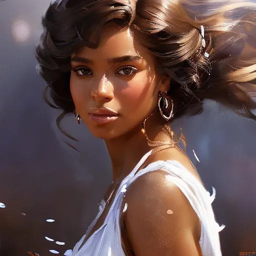 Prompt: Girl with dark skin, lose bronze curls, clear brown eyes, wearing a sliver glittering dress, close up, extremely detailed, novel realistic. Krenz Cushart + loish +gaston bussiere +craig mullins, j. c. leyendecker +Artgerm, oil painting texture oil painting effect. 