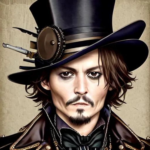 Prompt: Johnny Depp as a steampunk man dressed in black, tophat, closeup