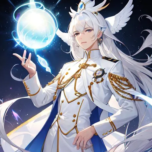 Prompt: buetiful man with a white uniform and whithe hairs a cicatrice and a magic orbe((really sexy))