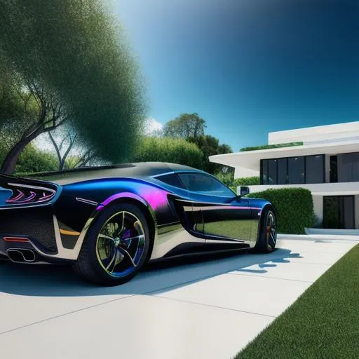 Prompt: long shot super detailed lifelike illustration, intricately detailed, dramatic lighting, gorgeous detailed car, luxury, black

masterpiece photoghrafic real digatal ultra realistic hyperdetailed 

iridescent reflection, cinematic light, in front of design futuristic house

impressionist painting, Degas Style Painting,

volumetric lighting maximalist photo illustration 4k, resolution high res intricately detailed complex,

soft focus, digital painting, oil painting, heroic fantasy art, clean art, professional, colorful, rich deep color, concept art, CGI winning award, UHD, HDR, 8K, RPG, UHD render, HDR render, 3D render cinema 4D