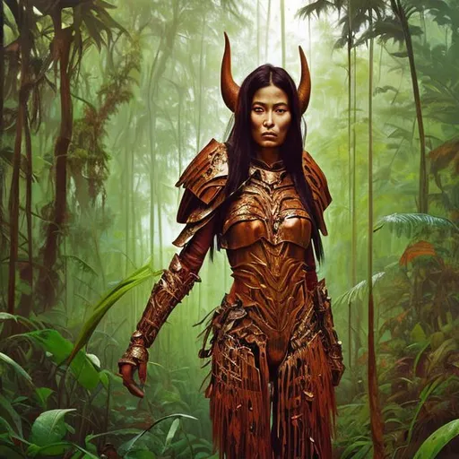 Prompt: Portrait painting, tall warrior woman with a rhinoceros head instead a human head, in leather armor, in the jungle, dull colors, danger, fantasy art, by Hiro Isono, by Luigi Spano, by John Stephens