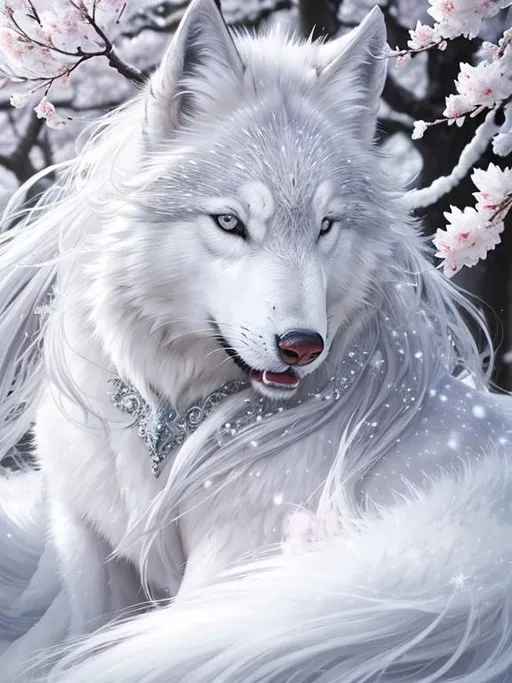 Prompt: highly detailed Portrait of alluring fantasy silvery-white ((wolf)), gorgeous, stunning, billowing voluminous mane, gleaming ice blue eyes, photorealistic quality, in magical environment, furry tail, cherry blossoms, sakura trees, frosted blossoms, snow dusted fur, silver scarves, highly stylized face and tail, extremely beautiful, intricate detailed, extremely complex art, ray tracing, thick glistening mane, masterpiece, close up, extreme close up, mid close up, by Thomas Kinkade, by Ismail Inceoglu, trending on Instagram, artstation, highly detailed eyes, 8k eyes, HARDWARE Photographic Art Direction, WLOP 5, realistic canine body, centered, anime Character Design, Unreal Engine, Beautiful, Tumblr Aesthetic,  Hd Photography, Hyperrealism, Beautiful oil Painting, Realistic, Detailed, Painting By Olga Shvartsur, Anne Stokes, Svetlana Novikova, Fine Art