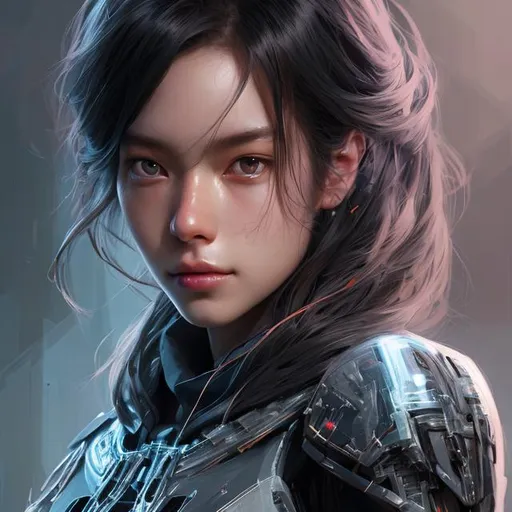 Prompt: portrait of a tall and broad, pretty black-haired near future infantry trooper, smooth soft skin, massive chest, beautiful intricate colored hair, symmetrical, soft lighting, detailed face, by makoto shinkai, stanley artgerm lau, wlop, rossdraws, concept art, digital painting, looking into camera, trending on artstation