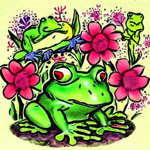 Prompt: toad, frog, flowers, aesthetic, cute, cartoonish, fairycore, flower garden, vintage